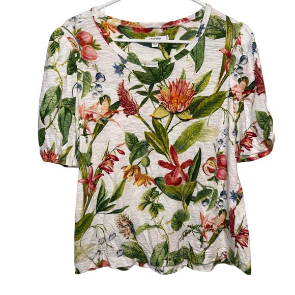 Chico's Floral Print Scoop Neck Puff Sleeve Top In White US Size Large - Picture 1 of 7